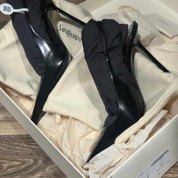 SAINT LAURENT VENDOME 110MM SLINGBACK PUMPS GLAZED LEATHER IN BLACK SIZE 37 NIB - Picture 9 of 15
